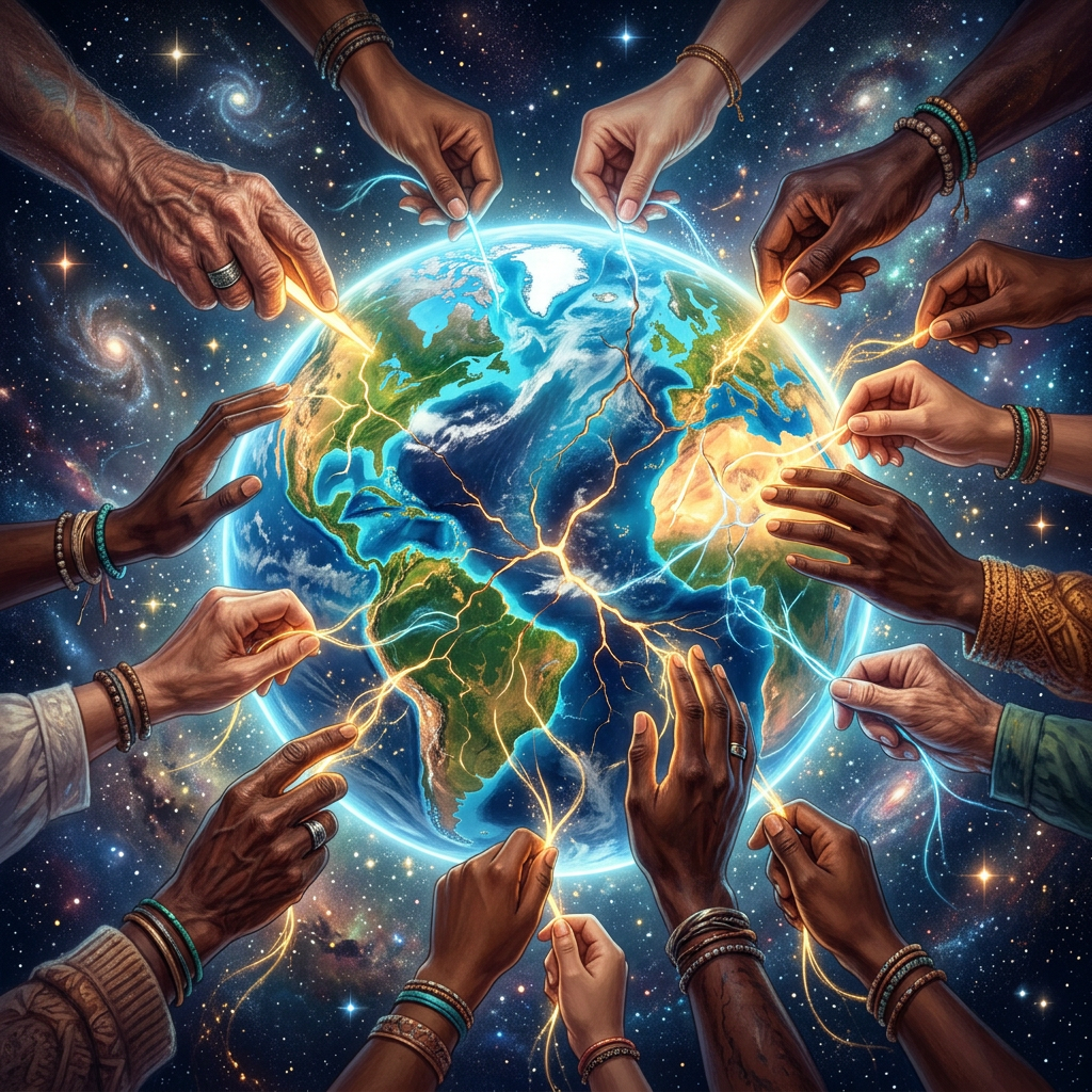 Multiple diverse hands weaving glowing threads over a cracked Earth in space