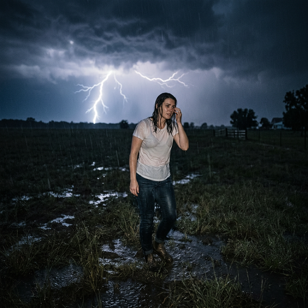 Woman standing in muddy field in rain with lightning in sky